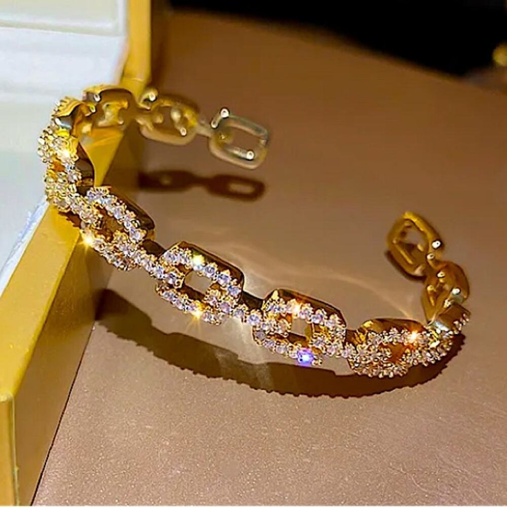 Gold Plated Zircon Crystal Square Link Bangle Cuff Rhinestone Bracelet